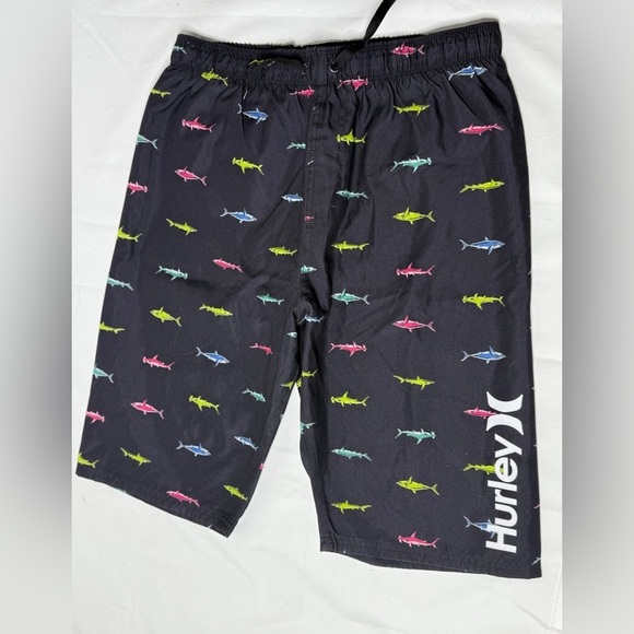 Hurley Boy's Black Swim Trunks Sz:XL Shark Theme Back Pocket - Picture 2 of 7